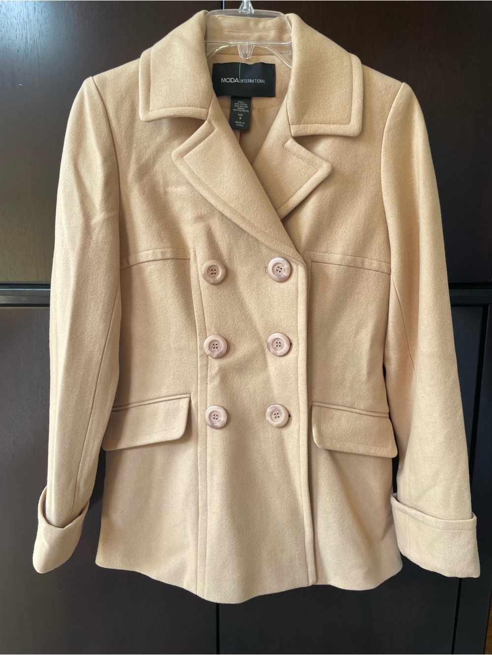 Moda International Women's Double-Breasted Beige Peacoat Wool Blend